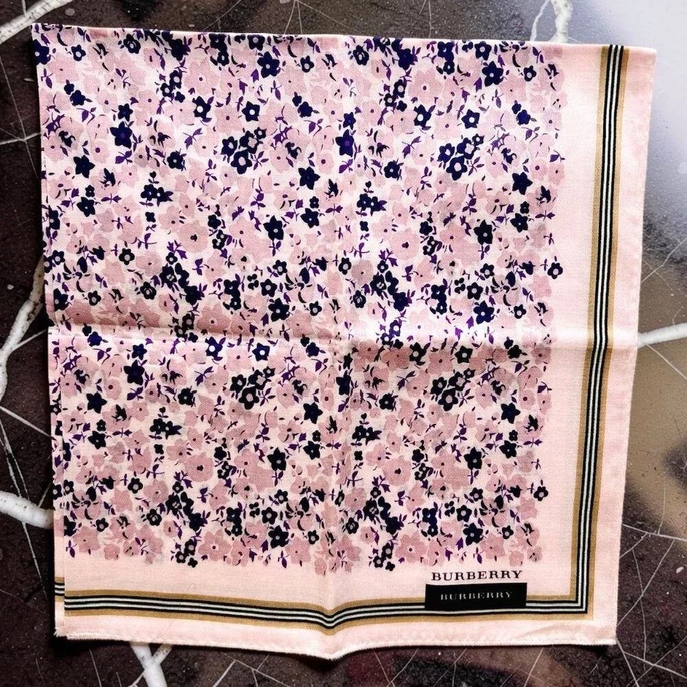 New W/Tag Burberry   Miniscarf/handker 20"" Lavender Flora with Black Trim (72) - Picture 2 of 11